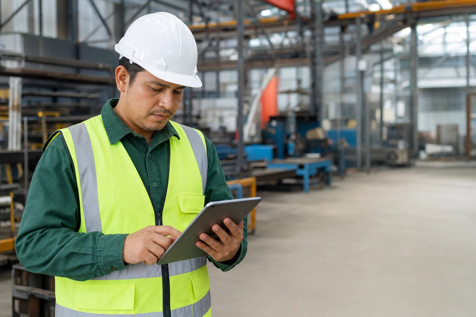 Responsable de operaciones revisando información de SST en una tablet dentro de un taller industrial