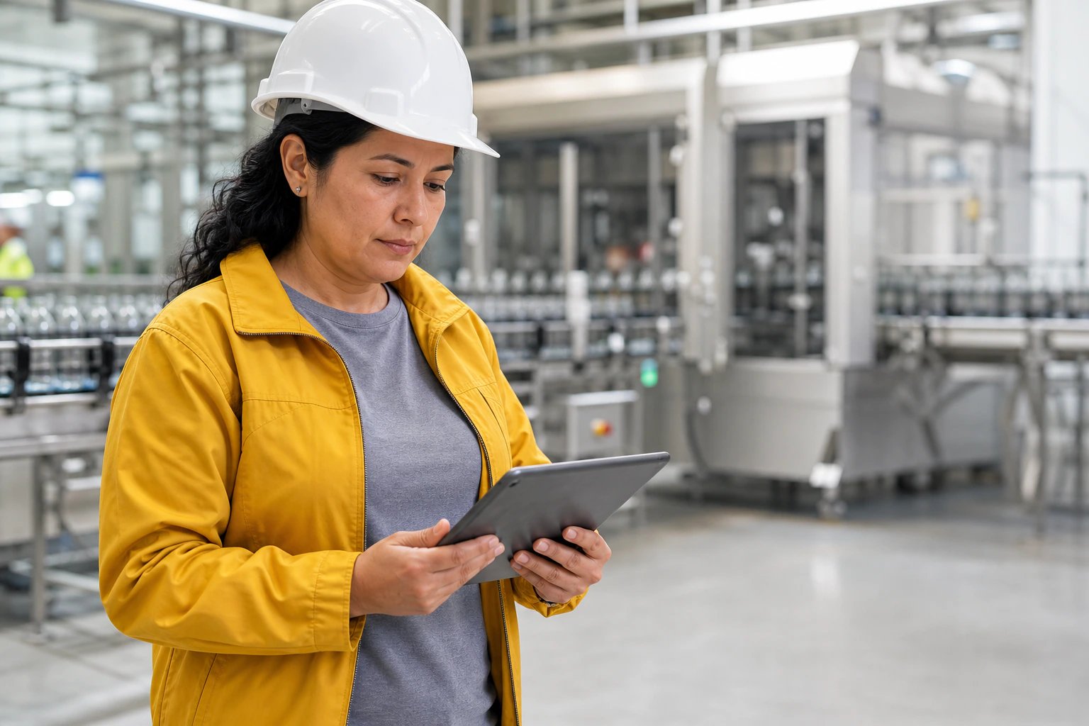 Responsable de SST revisando información en una tablet dentro de una planta de alimentos